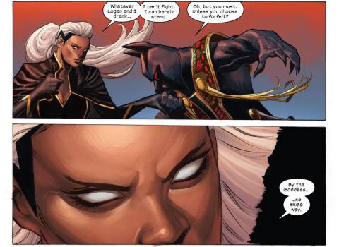 “Whatever Logan and I drank... I can’t fight. I can barely stand,” Storm protests as Death gallantly kisses her hand. “Oh, but you must,” he says, “Unless you choose to forfeit?” “By the goddess...” she narrows her eyes, “no #%@&amp; way,” in X-Force #14, Marvel Comics (2020). 