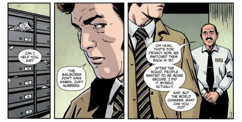 A detective asks an apartment doorman why the mailboxes just have numbers, not names. “That’s for privacy now,” he says, “we switched them back in ‘87. After the squid, people wanted to be more secure,” in Rorschach #2, DC Comics (2020). 