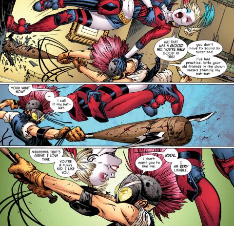 Harley Quinn dodges several attacks from an annoyed Clown Hunter, swinging what he calls his “bart-bat.” “You’re a funny kid. I like you,” she says. “i don’t want you to like me,” he responds. “RUDE.” She replies, “I am VERY likeable,” in Batman #103, DC Comics (2020). 