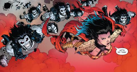 Wonder Woman leaps out of a floating fortress with an army of dozens of Lobos in Dark Nights: Death Metal #5, DC Comics (2020). 