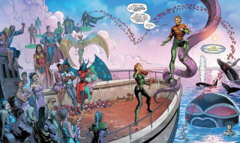 All of Aquaman and Mera’s friends, as well as the Justice League, a giant tentacle monster, and several whales, attend the wedding of Mera and Aquaman on a boat at sea, in Aquaman #65, DC Comics (2020). 