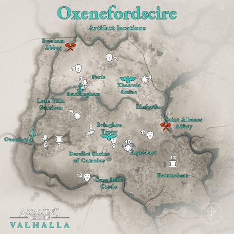 Oxenefordscire Artifacts locations map 