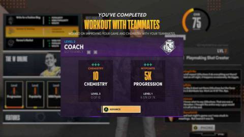 Screen showing a player’s choice to practice with teammates, earning a fixed amount of career XP.