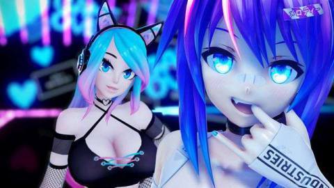 VTuber Silvervale and Projekt Melody smiling at the camera. on a bright neon pink and blue background