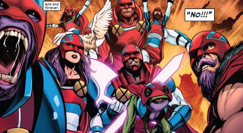 Members of the Captain Britain Corp, including human Captains of all races and genders, a purple ape Captain, a frog Captain, and a bird Captain, in Excalibur #15, Marvel Comics (2020). 