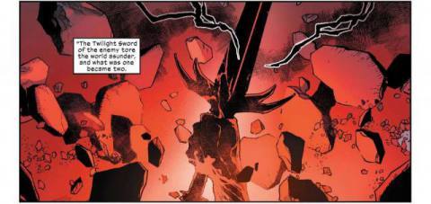 The Twilight Sword sunders Okkara into Krakoa and Arakko in X-Men #12, Marvel Comics (2020). 