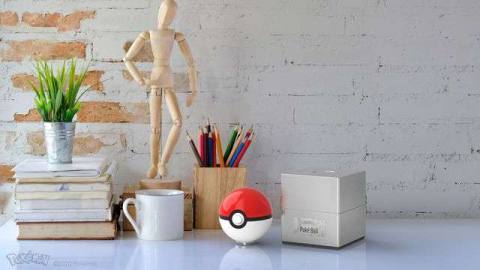 A photo of a white desktop with a Poké Ball replica, its case, a mug, and other items
