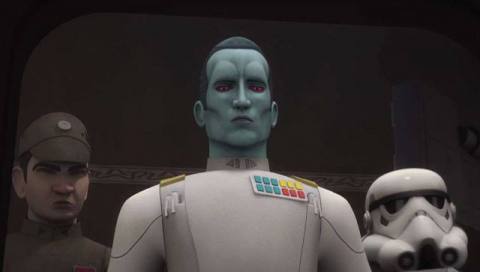 Thrawn in Star Wars: Rebels standing in front of an Imperial officer and stormtrooper