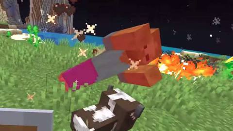 Minecraft: A guy flops over next to a cow and some fire