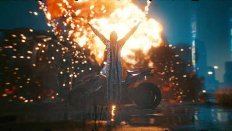 Cyberpunk 2077 custom character standing in front of an explosion