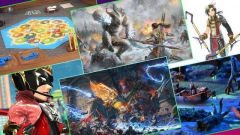 Graphic grid featuring art images of six different Kickstarter gaming projects