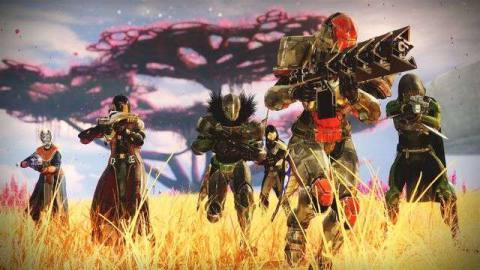 a team of six Guardians running through straw-colored grass in Destiny 2: Beyond Light