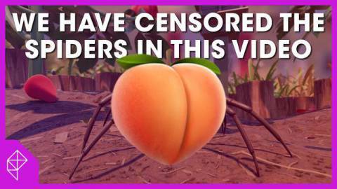 The body of a spider is covered with a large peach emoji; large text says “We have censored the spiders in this video”