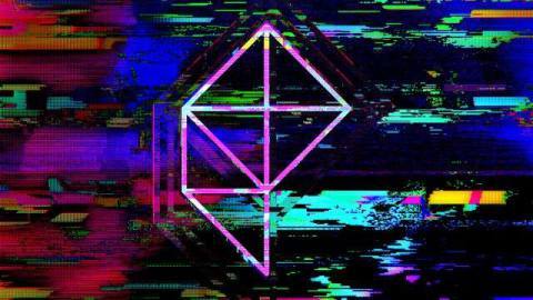 A wireframe Polygon logo surrounded by glitch effects.