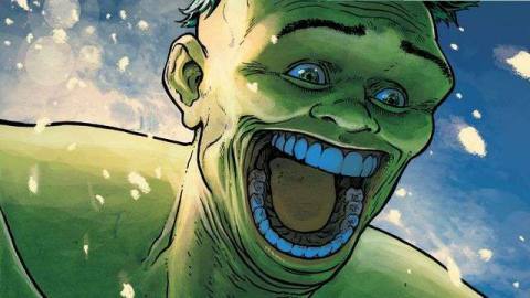 The Hulk smiles, huge, grotesque, and childlike, in King in Black: Immortal Hulk #1, Marvel Comics (2020).