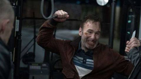 Hutch Mansell (Bob Odenkirk) in a knife fight on a bus in Nobody