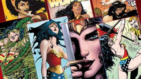 Graphic grid of seven different comic book covers featuring Wonder Woman