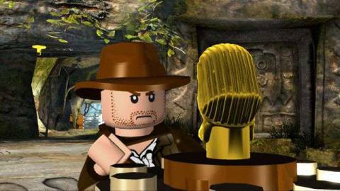A lego-ized version of Indiana Jones examines the legoized version of the Hovitos fertility idol