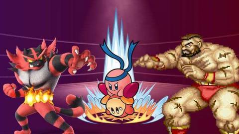 Kirby Suplexes a waddle dee while Zangief and Incineroar watch encouragingly.