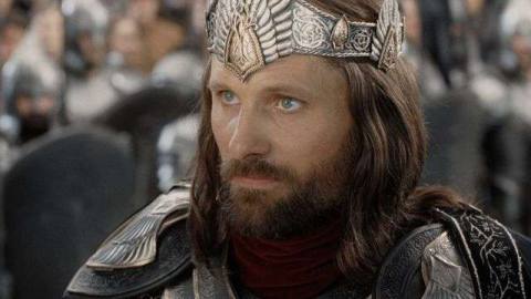 Aragorn from Lord of the Rings looks up, wearing a crown. His hair looks soft and he is well-groomed: it’s his coronation.