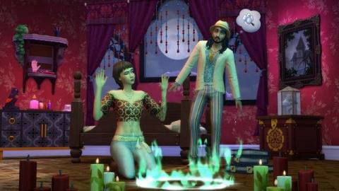 The Sims 4 - paranormal investigators gather around an altar, preparing to take part in a supernatural ritual.