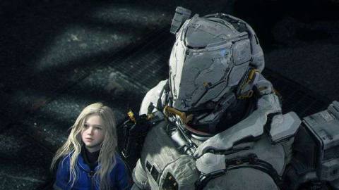 A spaceman and young girl look upward in a screenshot from Capcom’s Pragmata