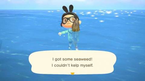 An Animal Crossing character holds up a clump of seaweed in the ocean