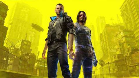Cyberpunk 2077 - Male V and Johnny Silverhand stand side by side in Night City. The background is washed out and colored yellow so the two main characters pop.