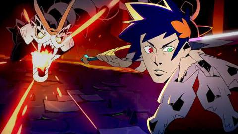 A cartoon Zagreus from the game Hades looks at the viewer with a confused face while a bone hydra behind him prepares to blast him with energy.