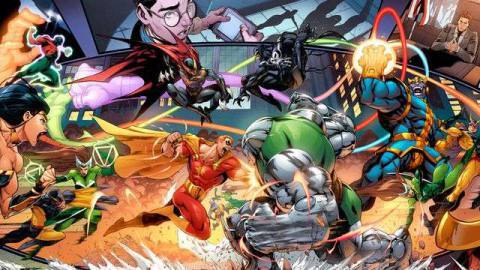 The Squadrom Supreme clashes with their strange foes in promotional art for Marvel Comics’ Heroes Reborn