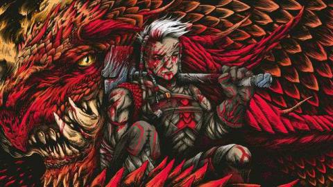 A woman with a shock or white hair stand bloodied with an axe over her shoulder. Filling the frame is the red dragon coiled around her.