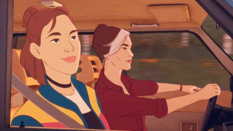 Red-headed teenage girl in a car with her mom