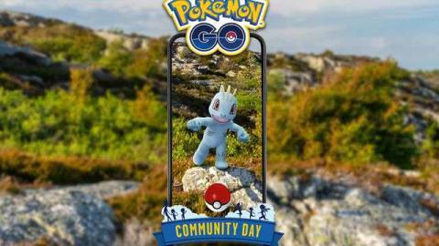 A Machop throws a punch in a grassy hill area
