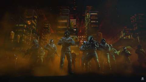 Ghost Recon Breakpoint - a team of prepared ghost recon and rainbow six soldiers stand in military gear, surrounded by amber mist toxic gas.