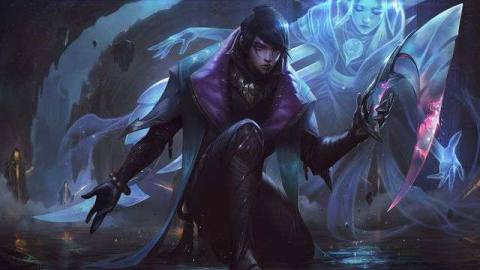 League of Legends - Aphelios from League of Legends, a young man with a crecent moon painted over one eye and black hair in a large coat. He is holding a magical blade. His spiritual sister, Alune, hovers over him protectively.