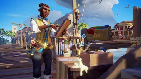 Sea of Thieves - a senior trader of the Merchant Alliance stands at the dock, next to crates of valuable cargo to ship off.