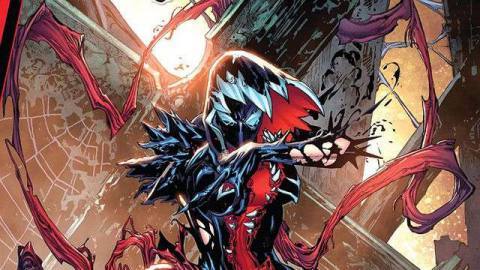 Gwen Stacy in a black, red, and white venom-like version of her classic white costume, on the cover of Gwenom vs. Carnage #1, Marvel Comics (2021). 