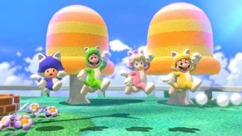 Toad, Luigi, Peach and Mario jump wearing cat suits in a screenshot from Super Mario 3D World