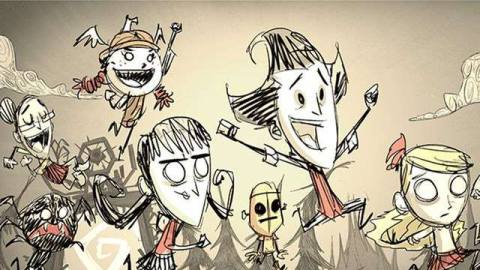 A group of characters from Don’t Starve Together, rendered in pencil and charcoal, running and leaping in celebration.