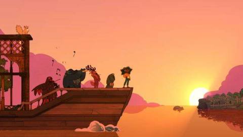 animated characters on a boat look at the sun setting in the distance in Spiritfarer
