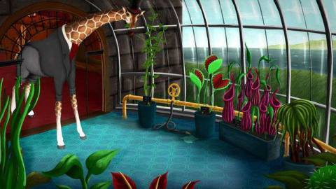  Lord Winklebottom Investigates - a giraffe in a dapper suit enters a greenhouse, examining a selection of curious plants.