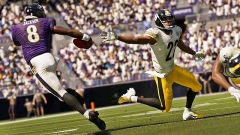 Baltimore Ravens quarterback Lamar Jackson juking a Pittsburgh Steelers defender in Madden NFL 21