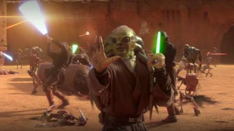 Kit Fisto uses the Force on the battle droid version of C-3PO in Star Wars: Attack of the Clones