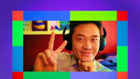 Illustration of man wearing headphones holds up two fingers in the peace sign surrounded by a multicolored border