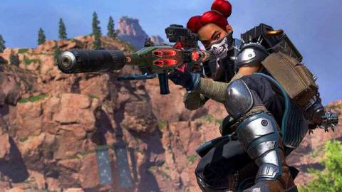 Lifeline aims the Longbow rifle in a screenshot from Apex Legends