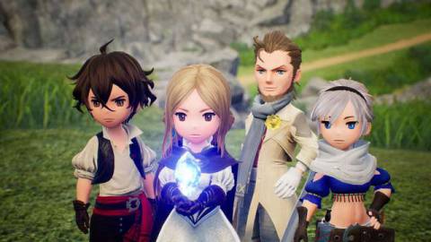 The four main characters from fantasy RPG bravely default 2 gather around a glowing crystal.