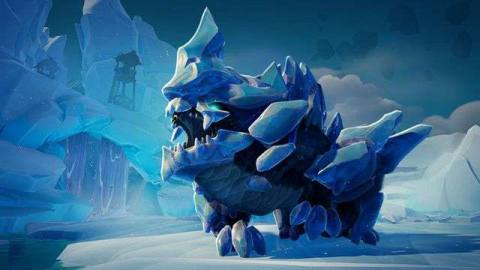 Dauntless - The Urska roars, standing in a frosty environment. The Urska is a scary looking ice monster, with powerful limbs, icicle spines, and blue eyes.