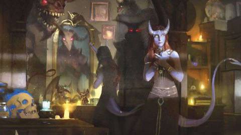 A player character stands in a curio shop, haunted by a mysterious figure. The figure is visible only as a reflection in the mirror.