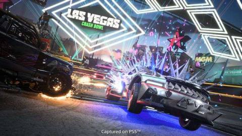 Stylized cars smash into one another in a futuristic arena set in Las Vegas