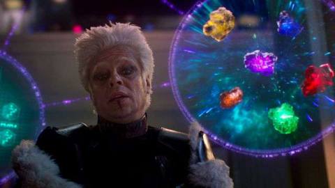 The Collector and an image of the Infinity Stones from Guardians of the Galaxy (2014)